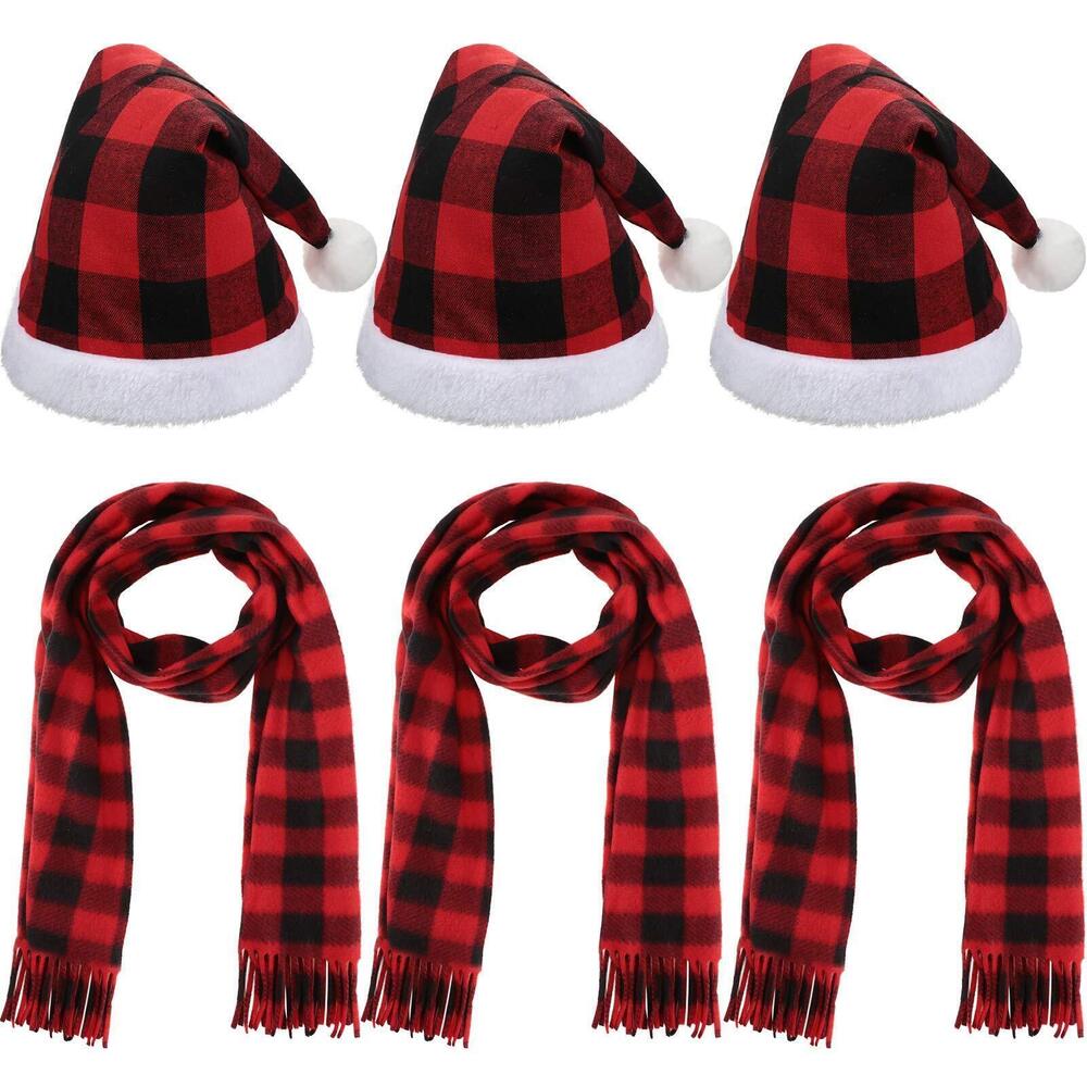 7028 3 Pieces Christmas Plaid Santa Hat and 3 Pieces Plaid Scarfs